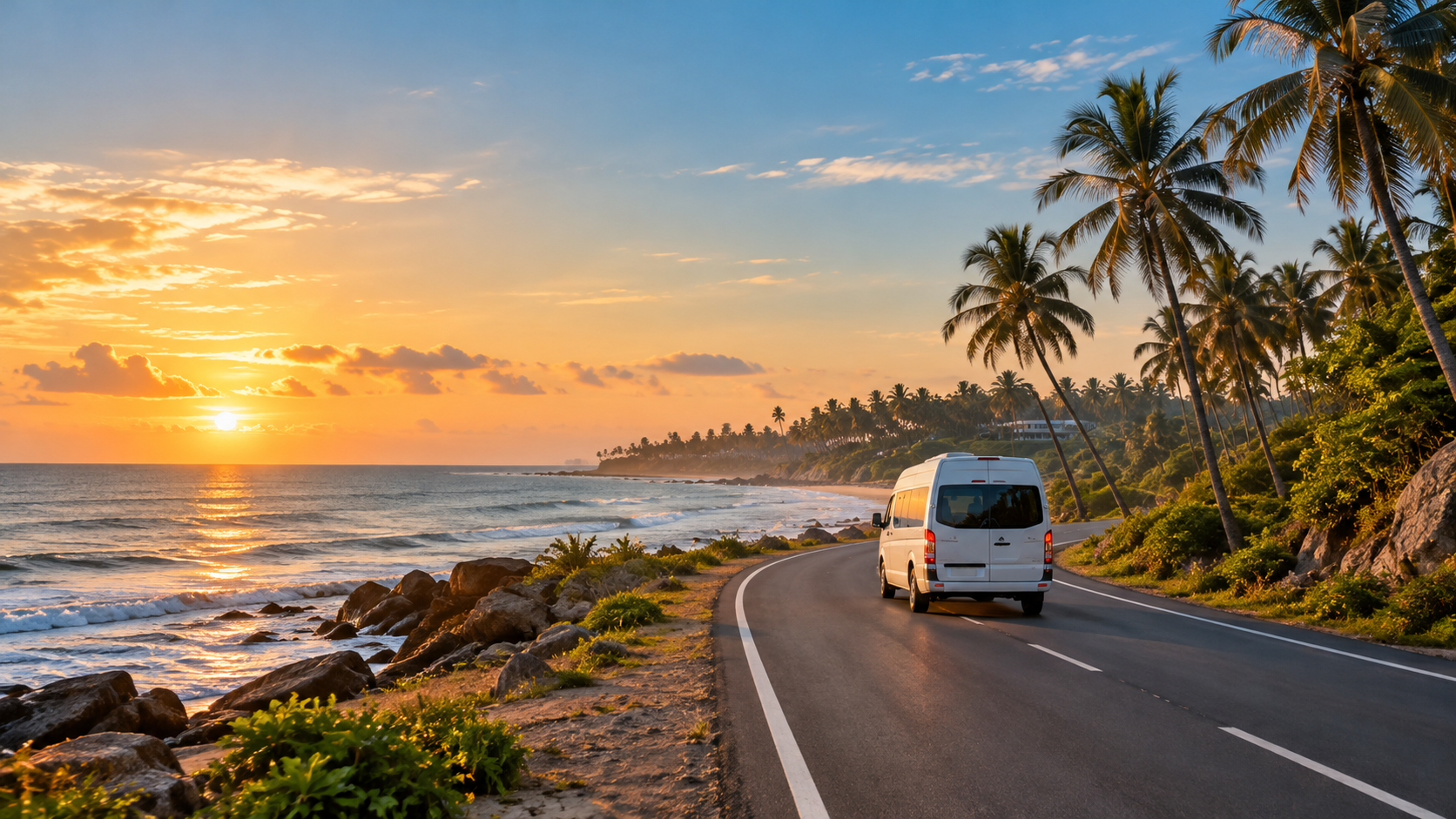 AI illustration of a scenic coastal passenger van journey