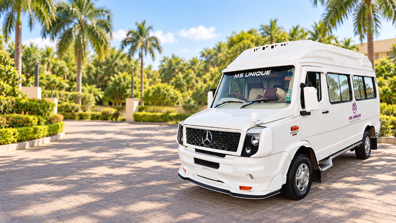 White MS Unique Tempo Traveller rental in Chennai